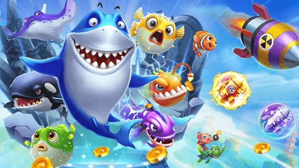 ฉากเกมยิงปลาที่มีปลาฉลามและสัตว์ทะเล